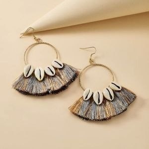 Boho Seashell and tassel gold hoop earrings